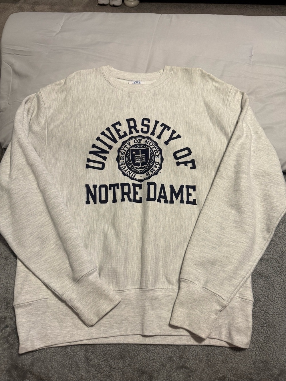 Champion Men's Reverse Weave Crewneck Sweatshirt - Light Gray with Navy Print